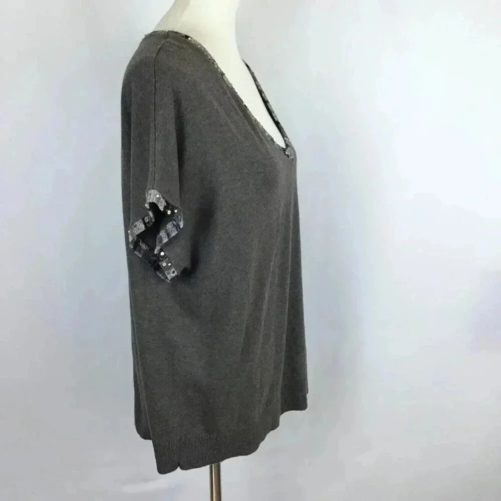 NWT Women's 1X Spring Lightweight Sweater Sequins Beaded CJ Banks V-Neck Gray - Picture 4 of 13